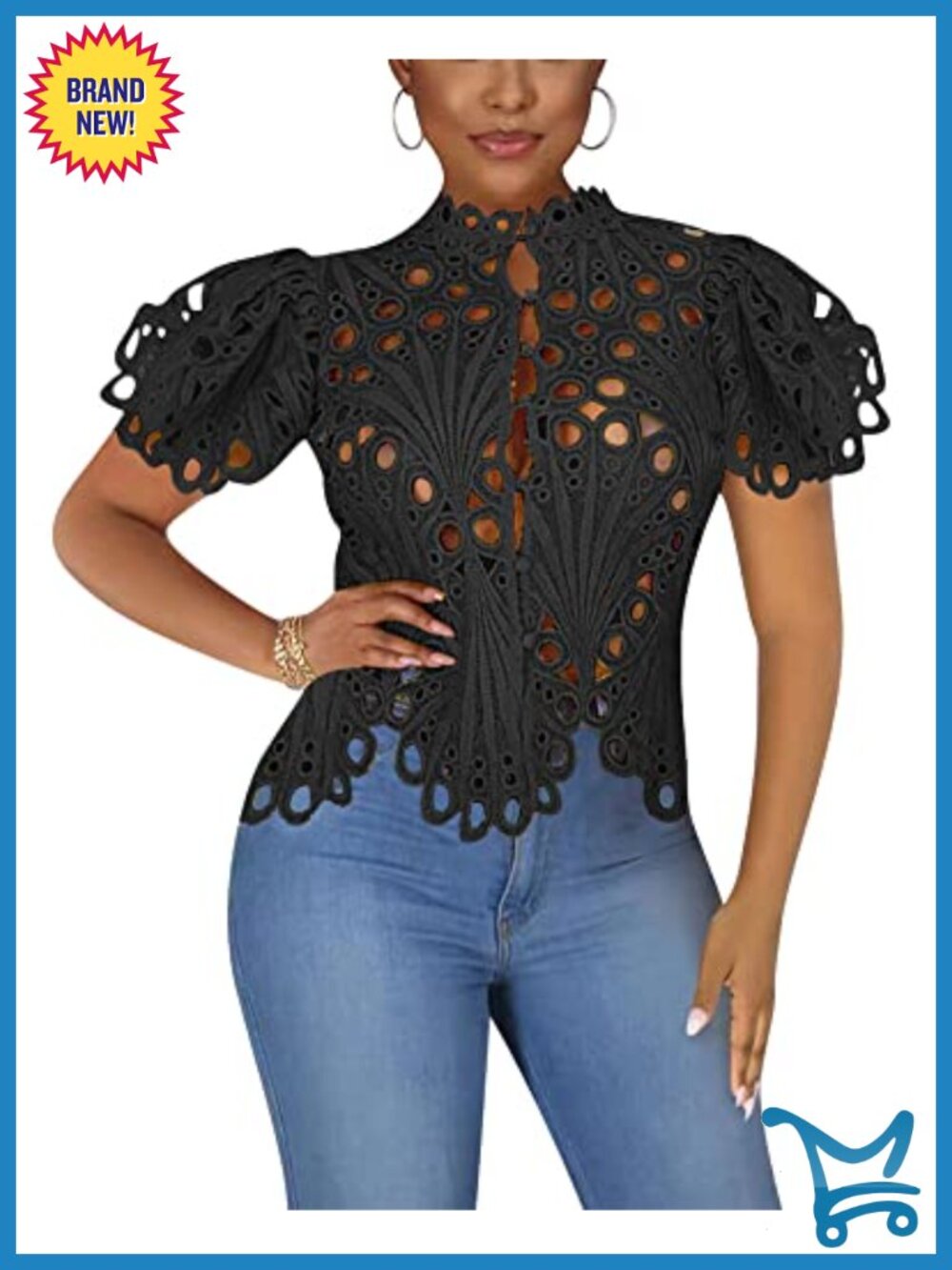 Lace Ruffle Puff Sleeve Button Down Top